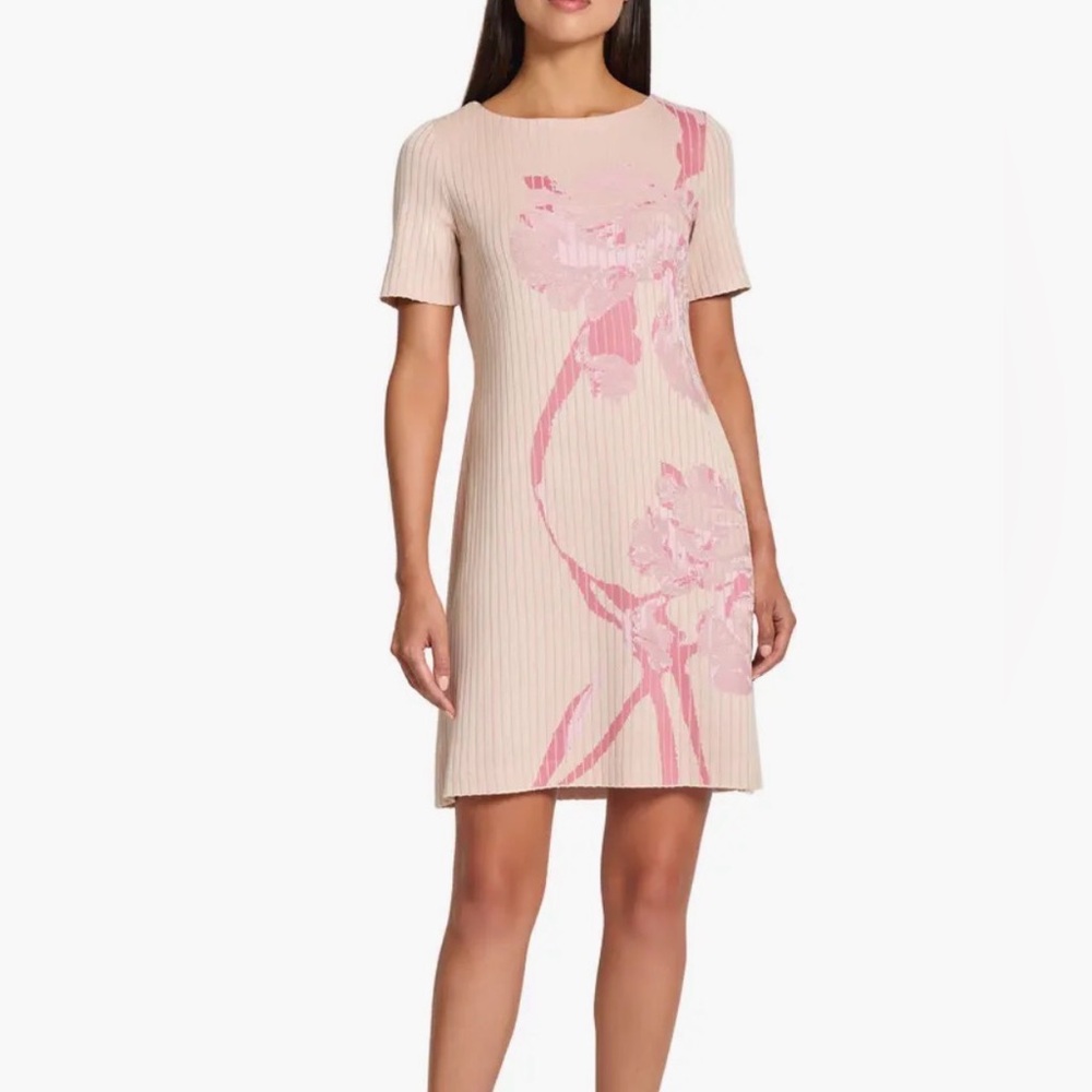 Misook Floral Jacquard Ribbed Knit Dress Short Sleeve Size L